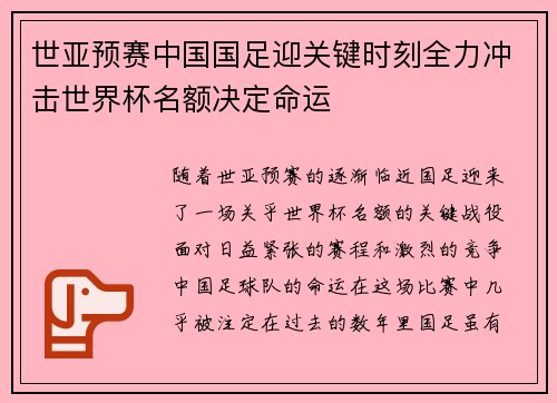 世亚预赛中国国足迎关键时刻全力冲击世界杯名额决定命运